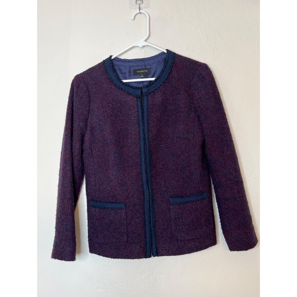 Talbots Boucle Tweed Jacket Blazer Hook Closure Wool Blend Navy Wine Trim Size 8 - Picture 1 of 9